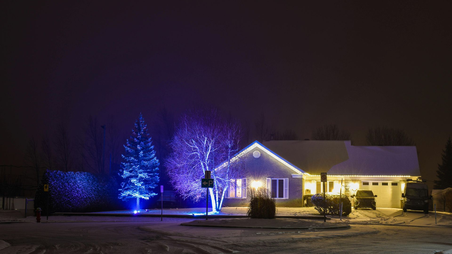 House and trees decorated with blue and white Christmas lights against a dark night sky and snow.