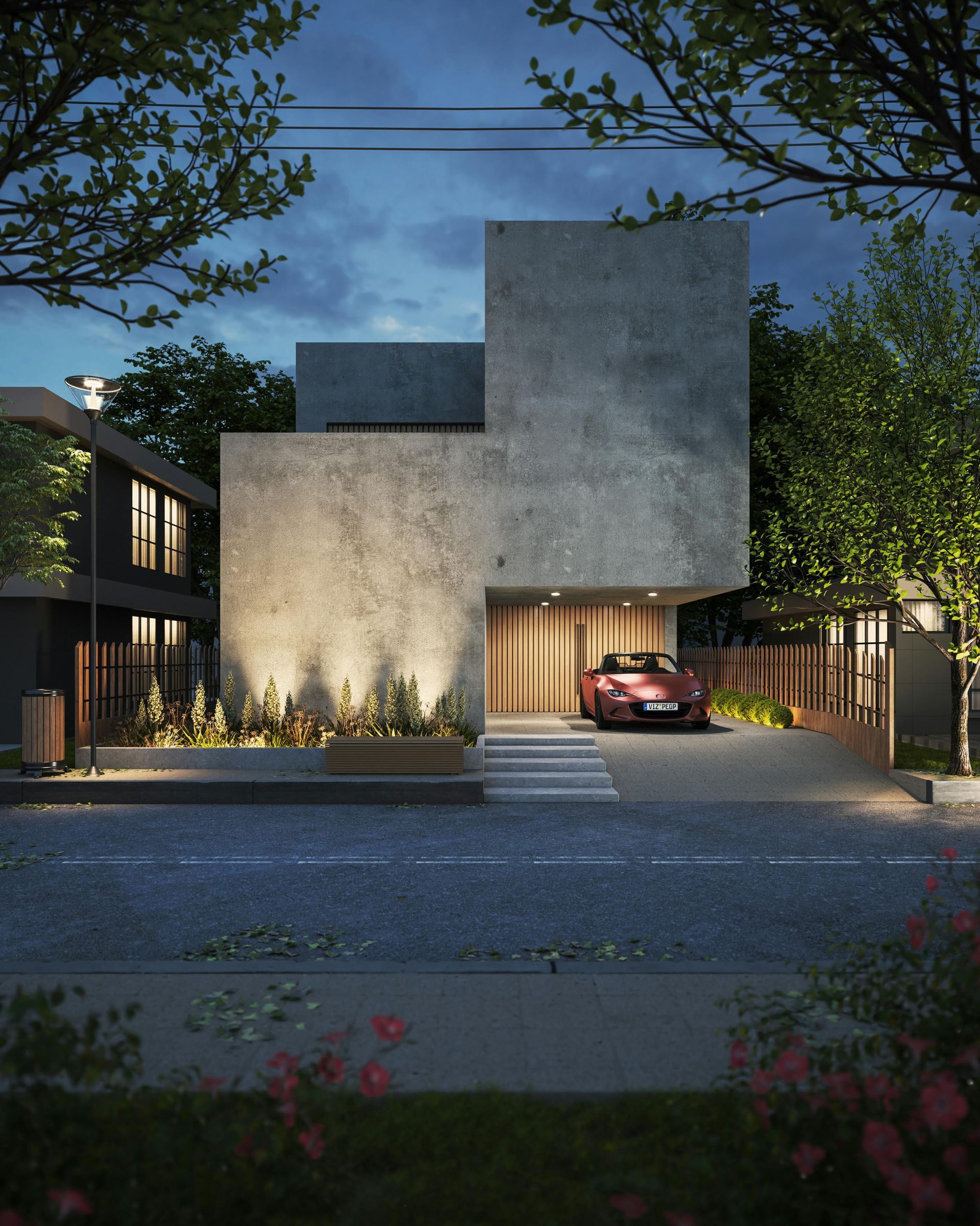 Modern concrete house at dusk with warm exterior lights and a car in the driveway