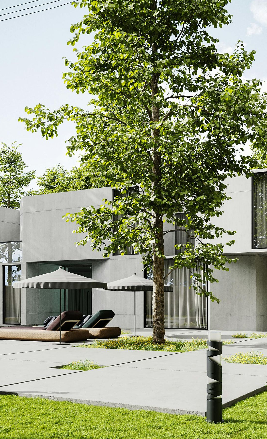 Modern white house with large windows, tall tree, and patio lounge chairs beside a green lawn.