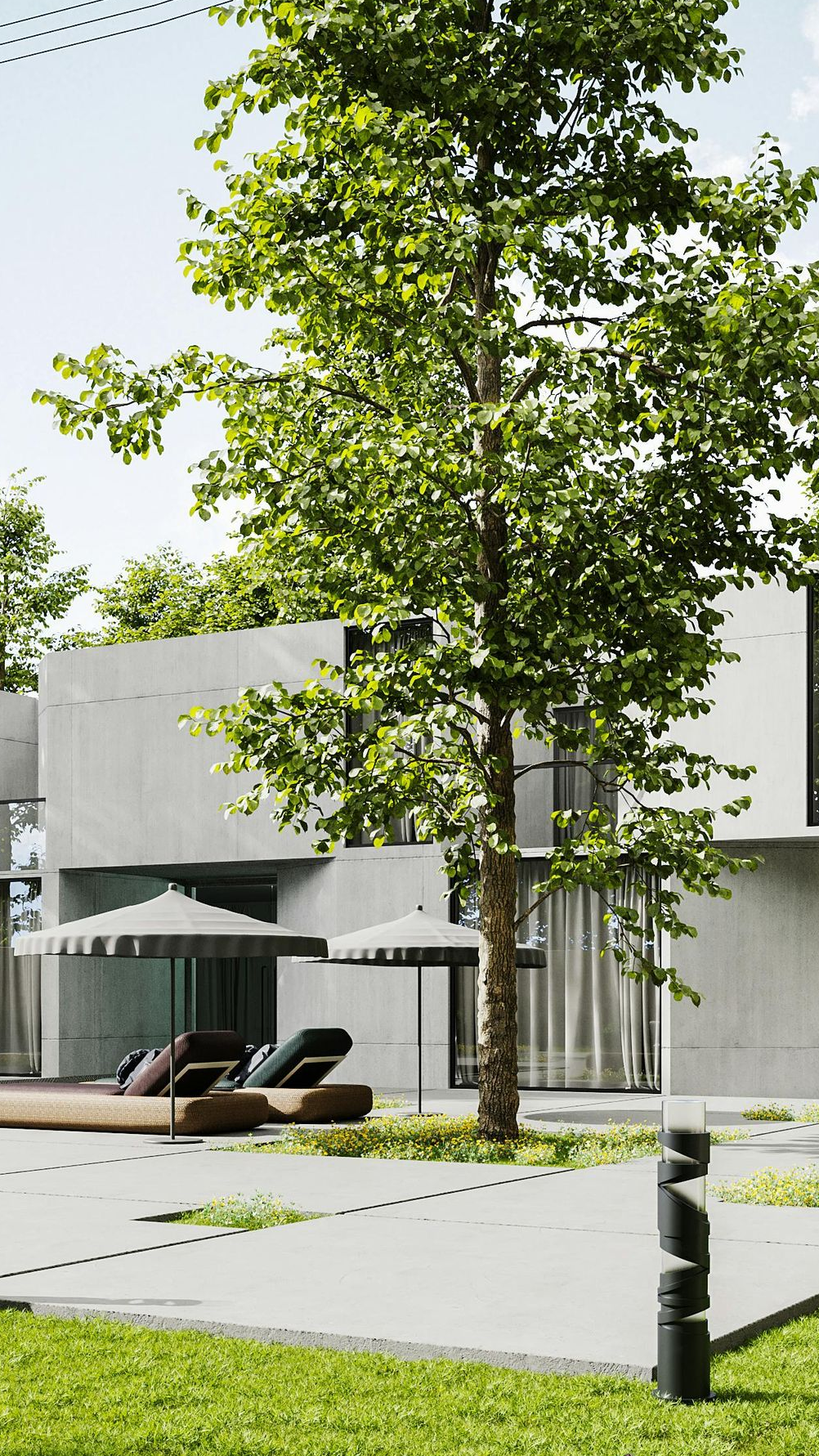 Modern white house with large windows, tall tree, and patio lounge chairs beside a green lawn.
