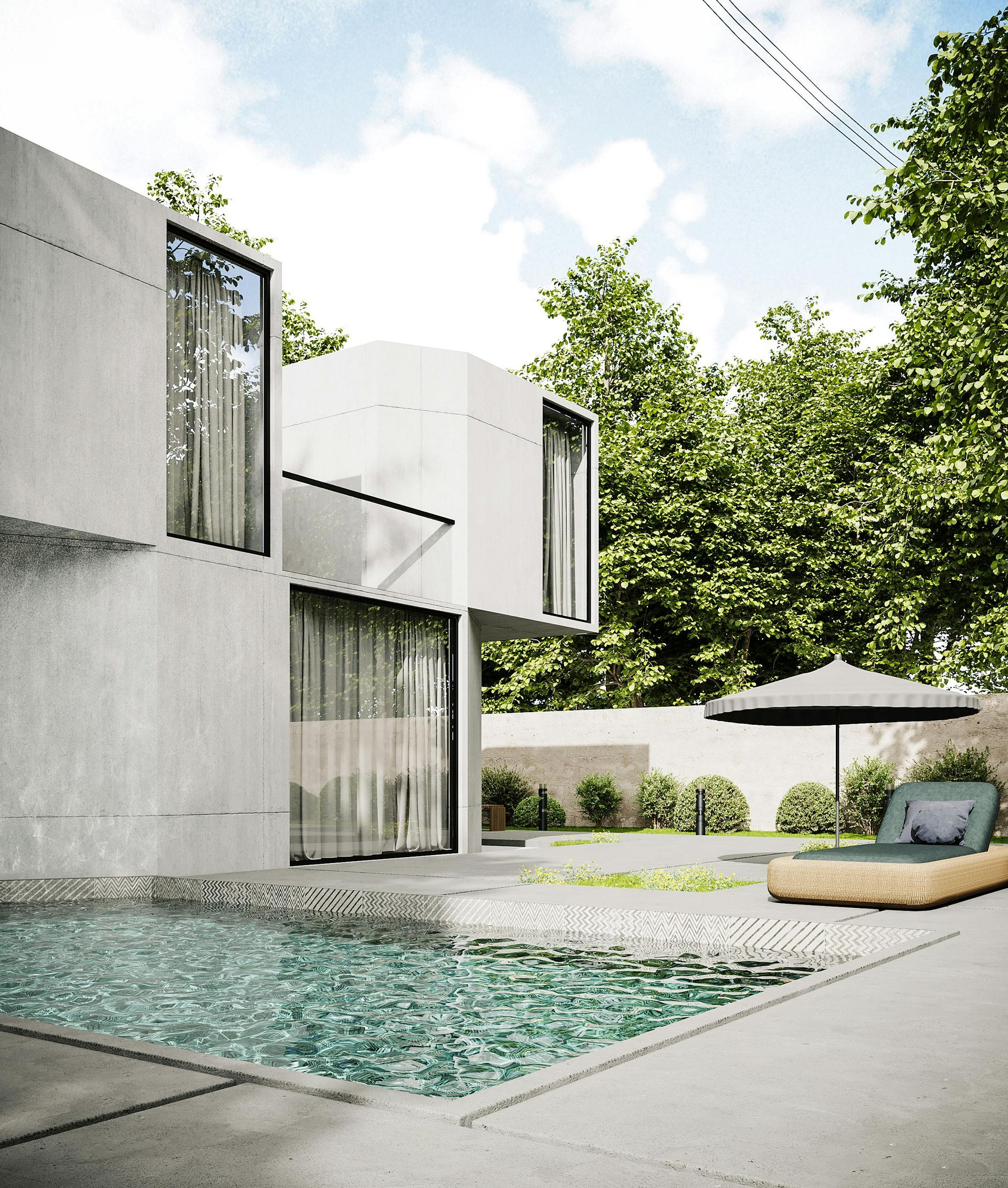 Modern white house with a turquoise pool and shaded patio in a lush backyard