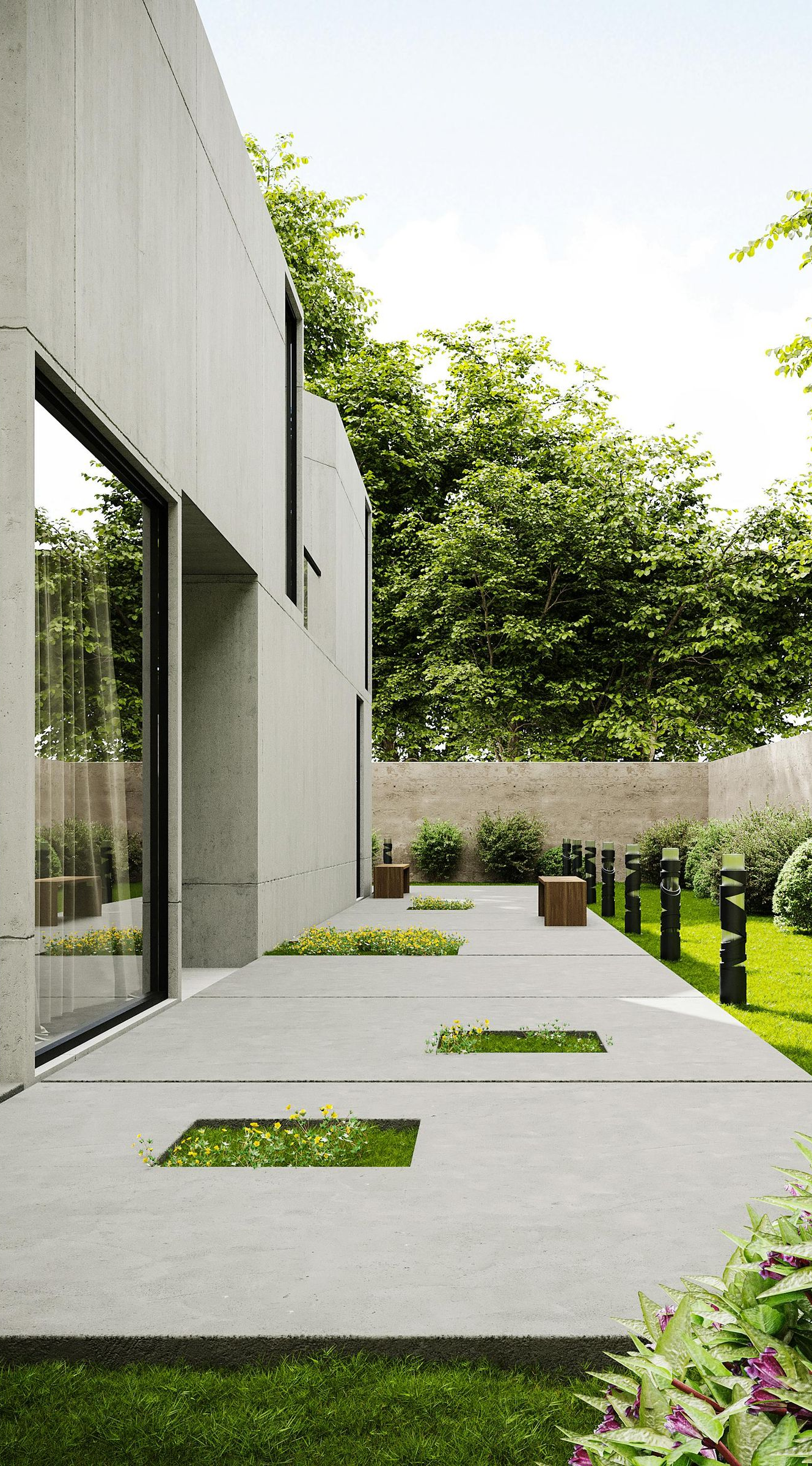 Modern concrete courtyard with rectangular grass cutouts, trees, and a glass wall beside a building