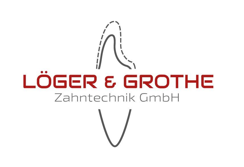 Logo für Löger & Grothe Zahntechnik GmbH, mit einem stilisierten Zahn und Text in Rot und Grau.