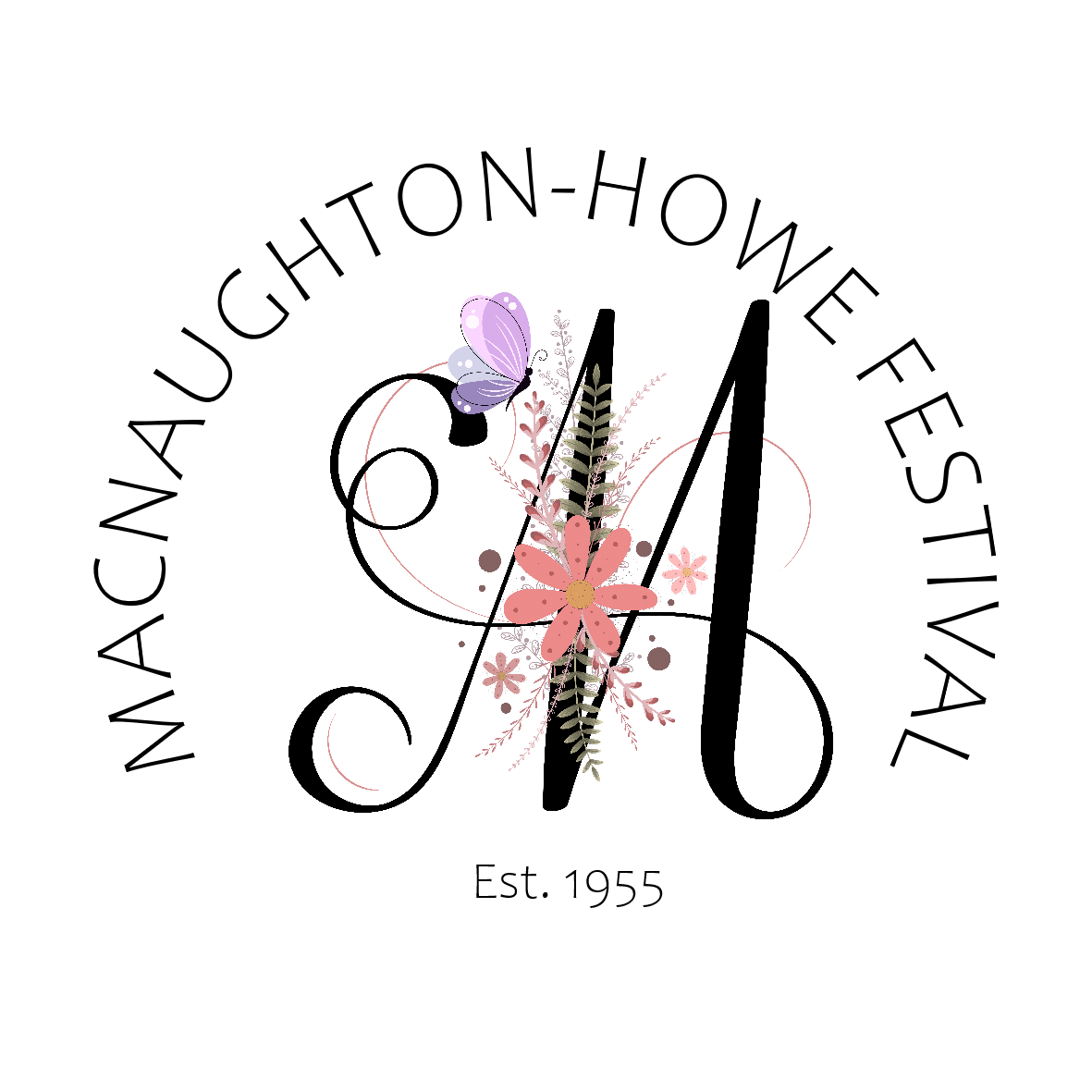 A logo for the macnaughton-howe festival with a butterfly and flowers.