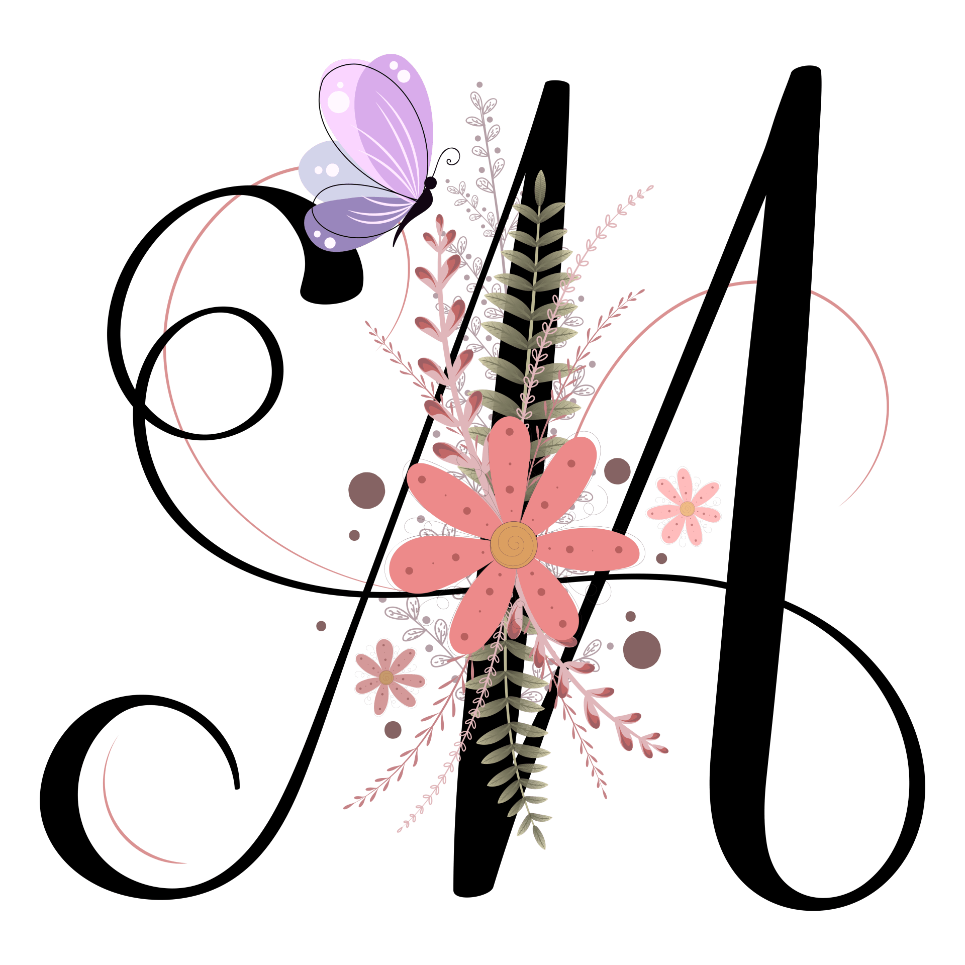 The letter m is decorated with flowers and a butterfly.