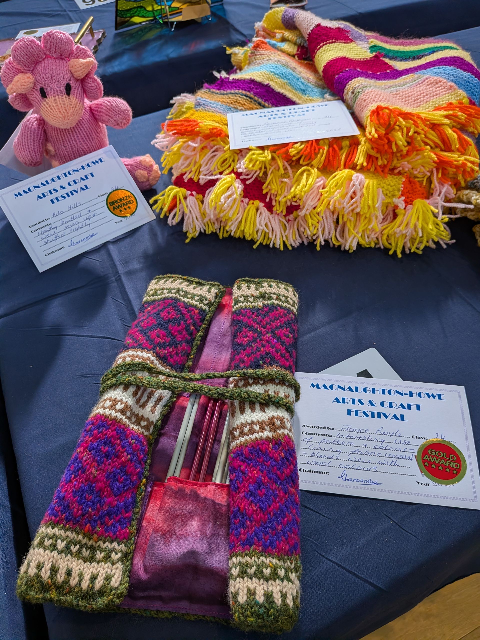 Knitted crafts: pink animal, colorful scarves, and purple patterned vest on a blue table.