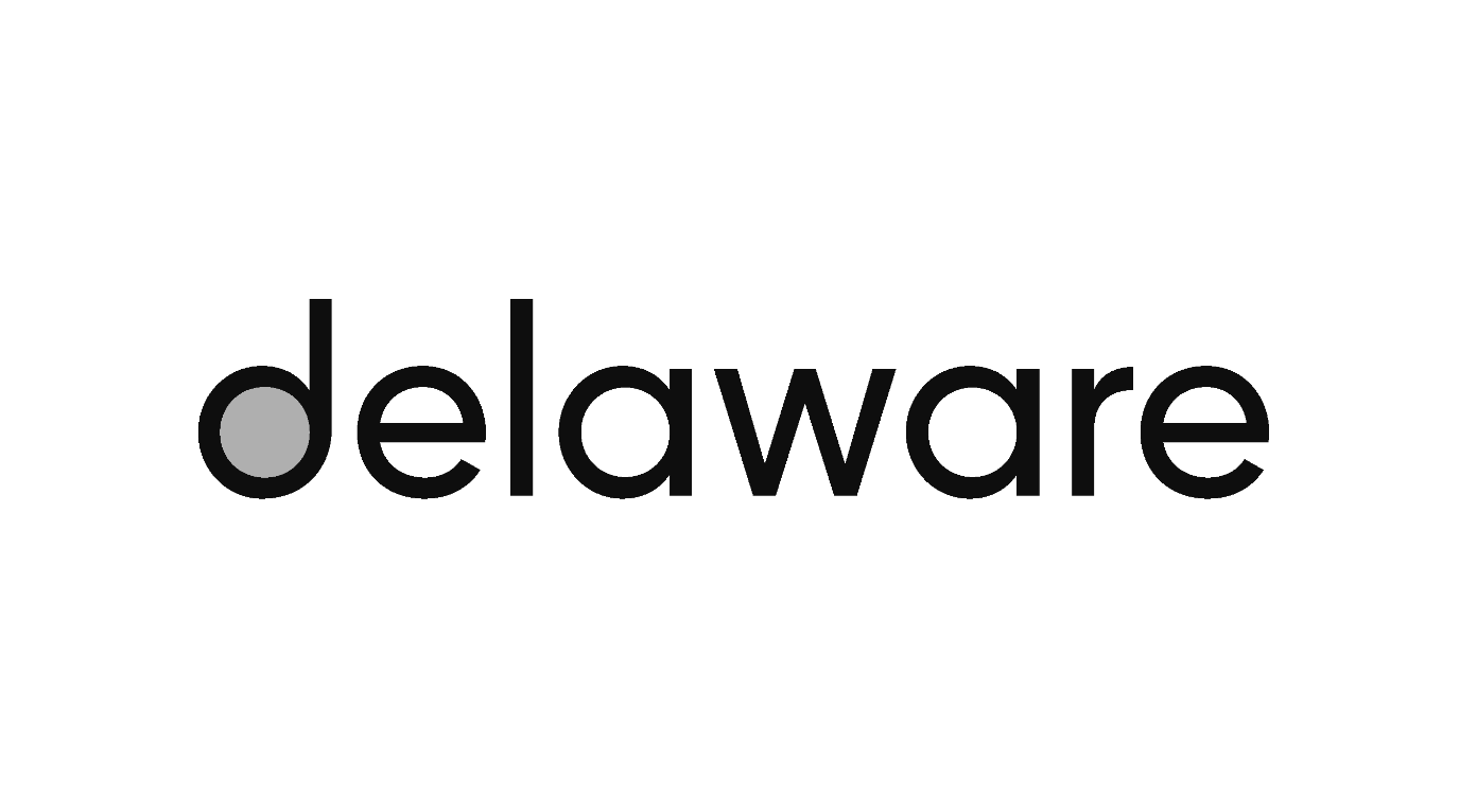 A black and white logo for delaware on a white background.