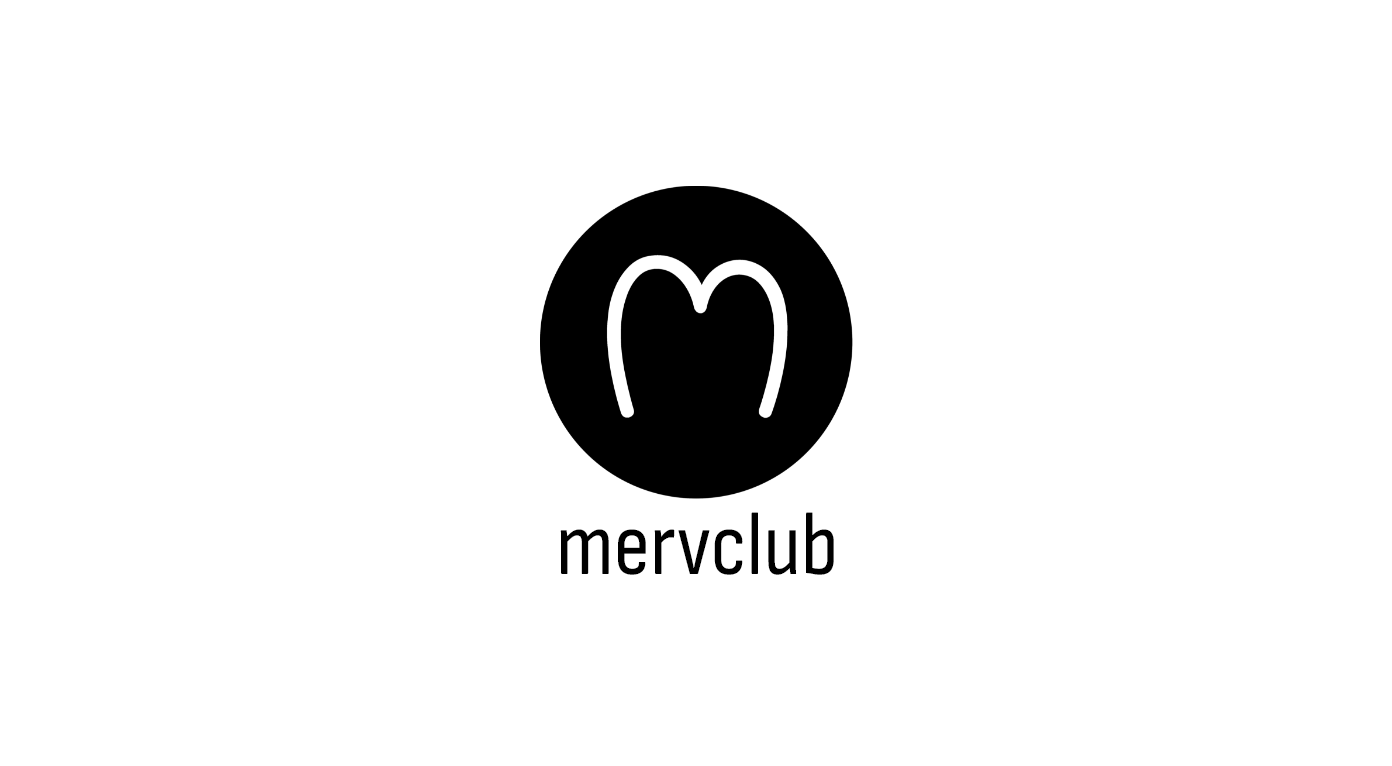 A black and white logo for mervclub with a heart in a circle.