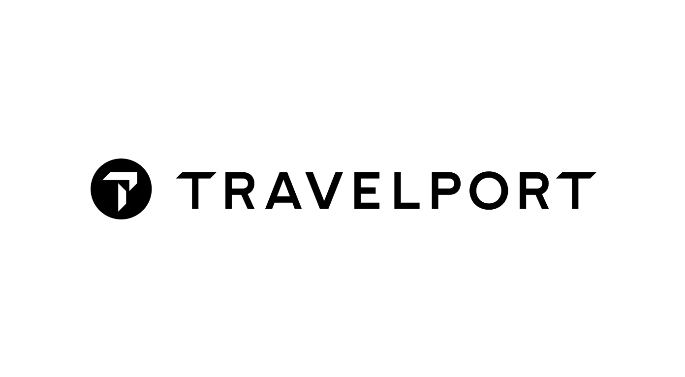 A black and white logo for travelport on a white background.