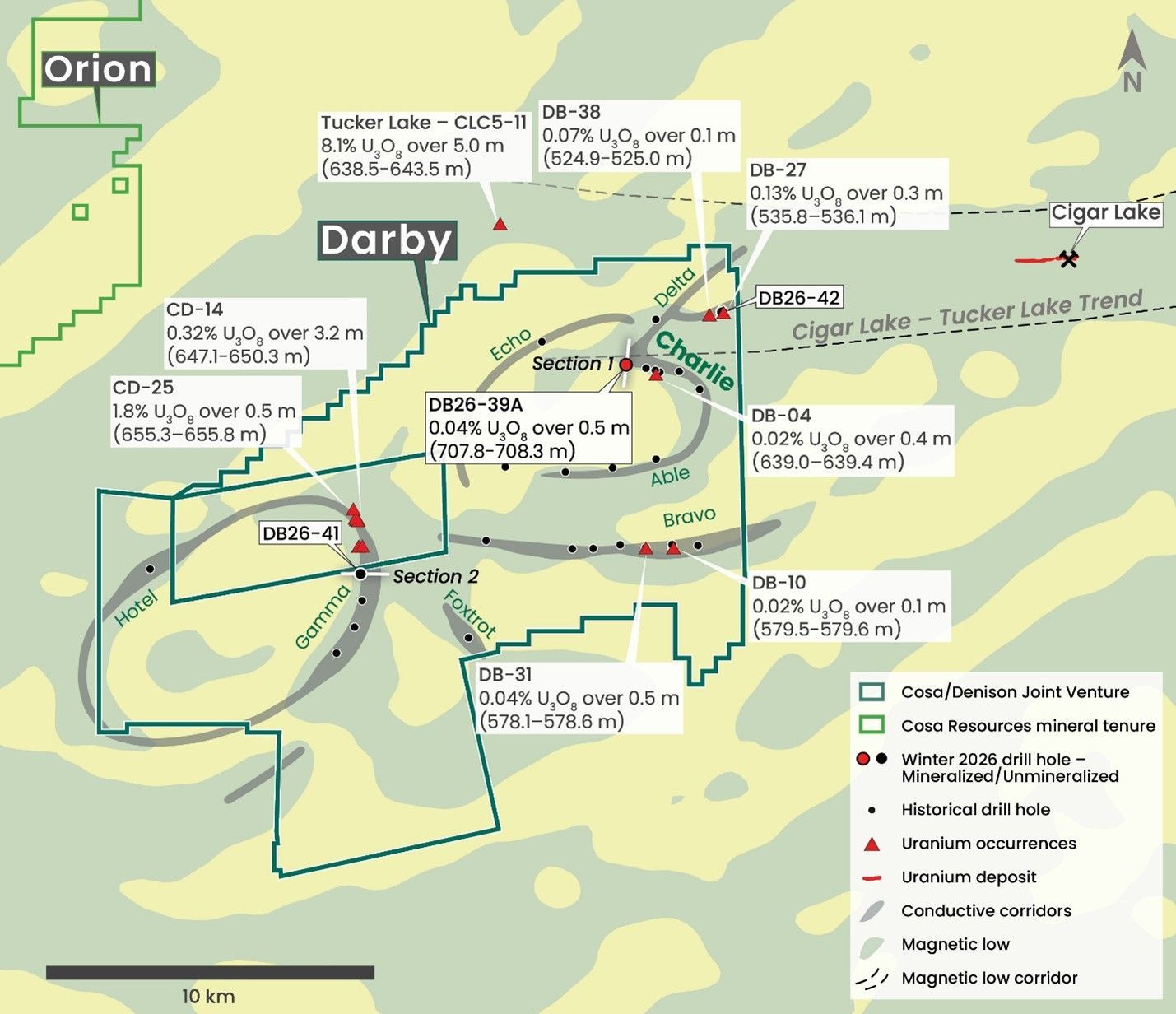 Annotated map of Darby project showing Cosa Resources claims for Canadian uranium mining in Saskatchewan.
