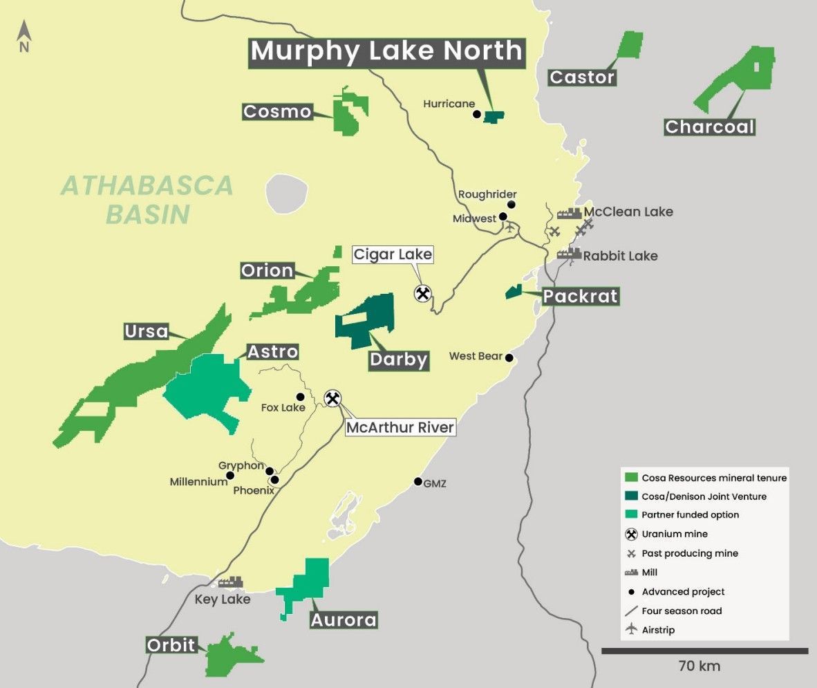 Map of Cosa Resources claims in Athabasca Basin, Saskatchewan, near major Canadian uranium mines.