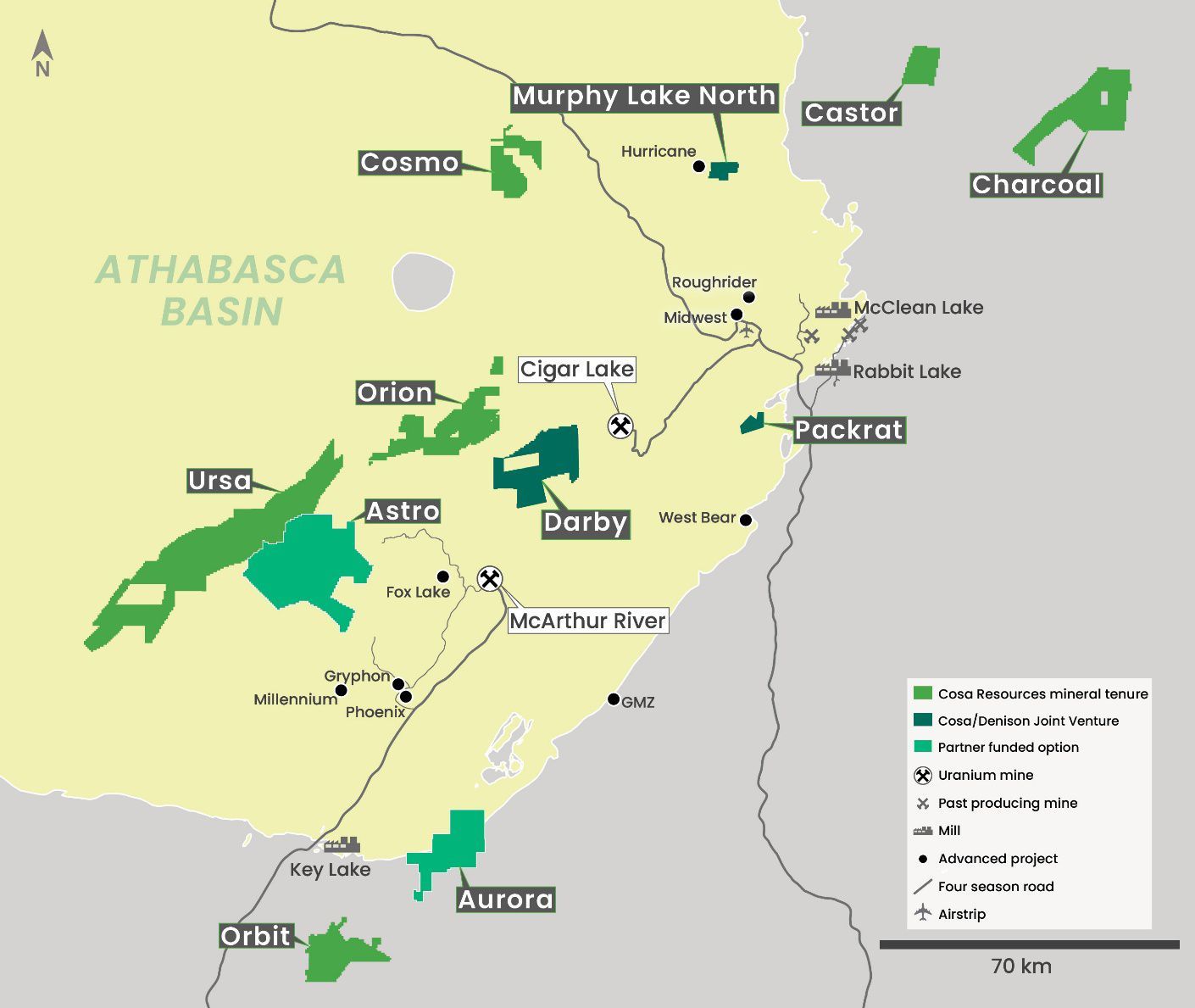 Map of Cosa Resources claims in Athabasca Basin, Saskatchewan, near major Canadian uranium mines.