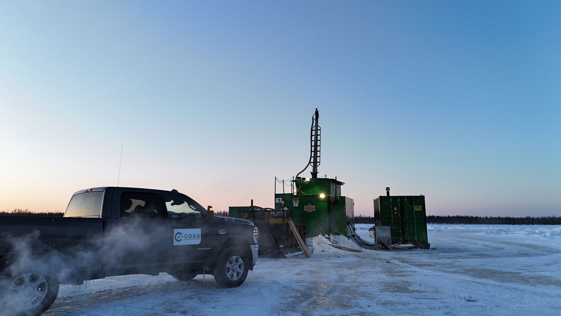 Cosa Resources truck at a winter drill site for Canadian uranium exploration in Saskatchewan.