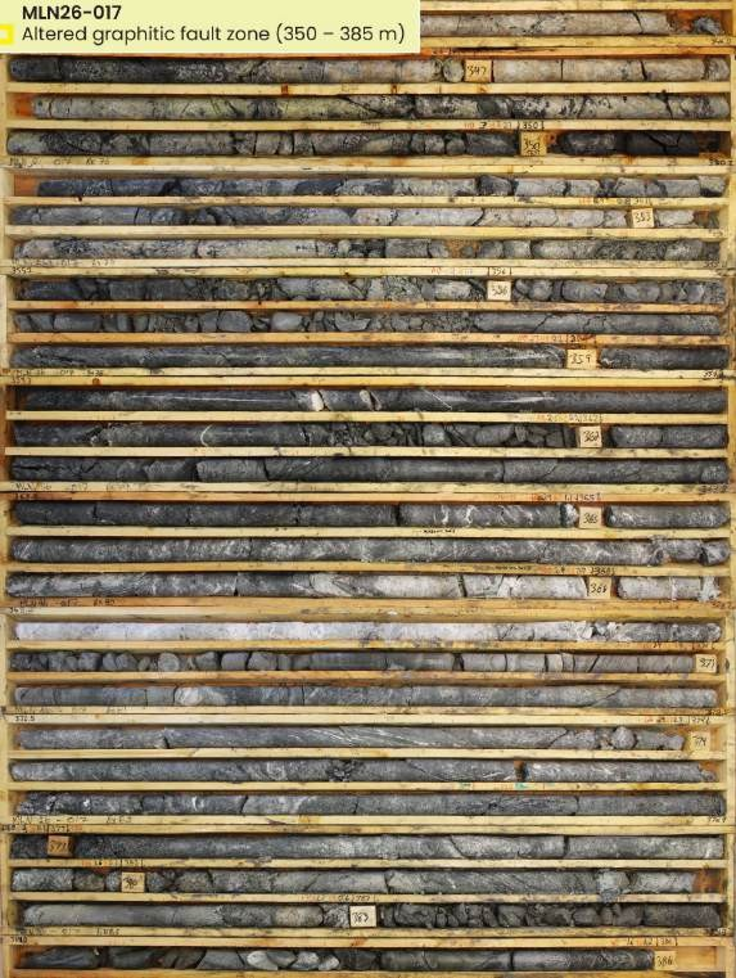 Altered graphitic fault zone drill core from Cosa Resources Saskatchewan uranium mining in Canada.