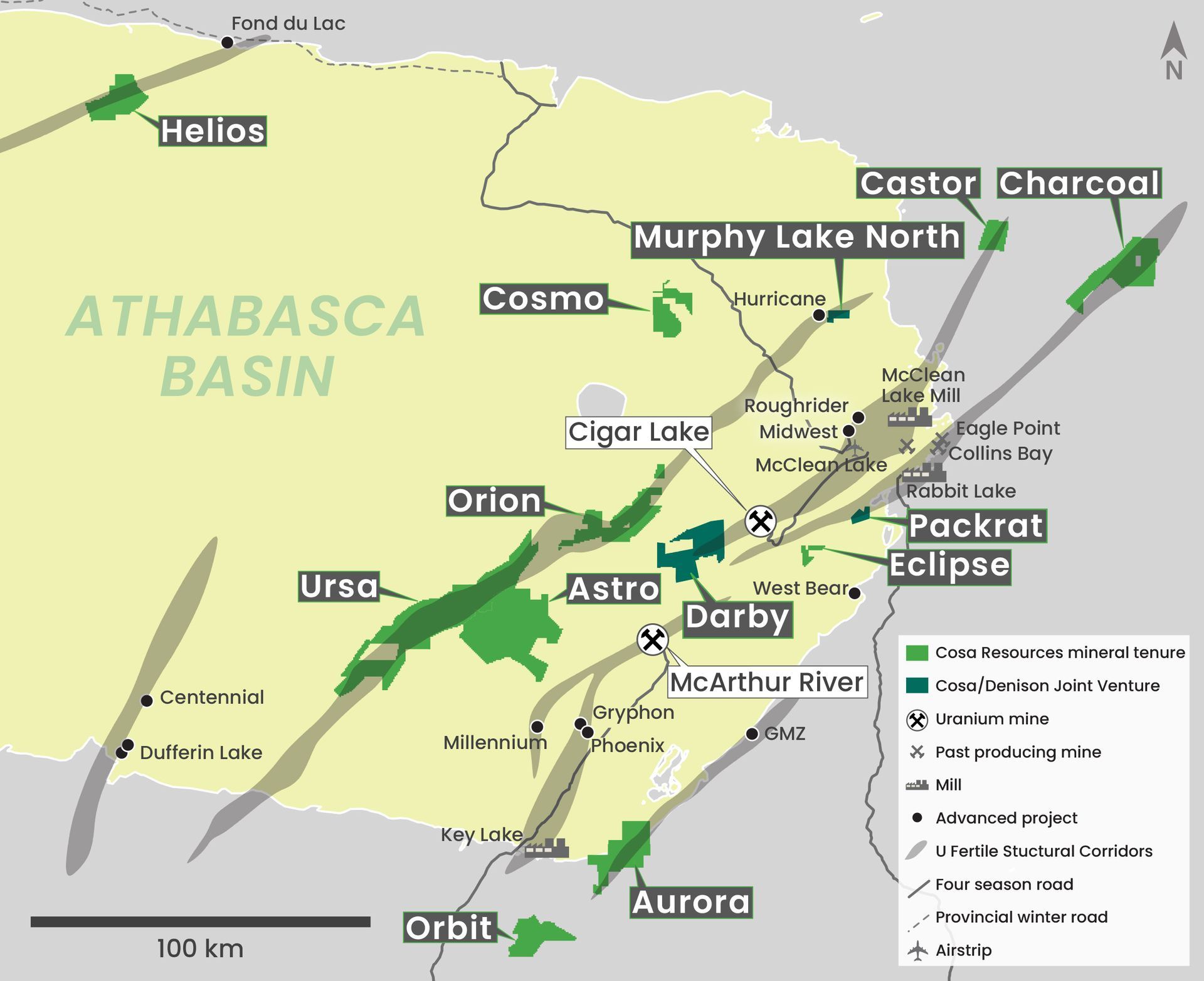 Athabasca Basin map showing Cosa Resources properties for Canadian uranium mining exploration in Saskatchewan.