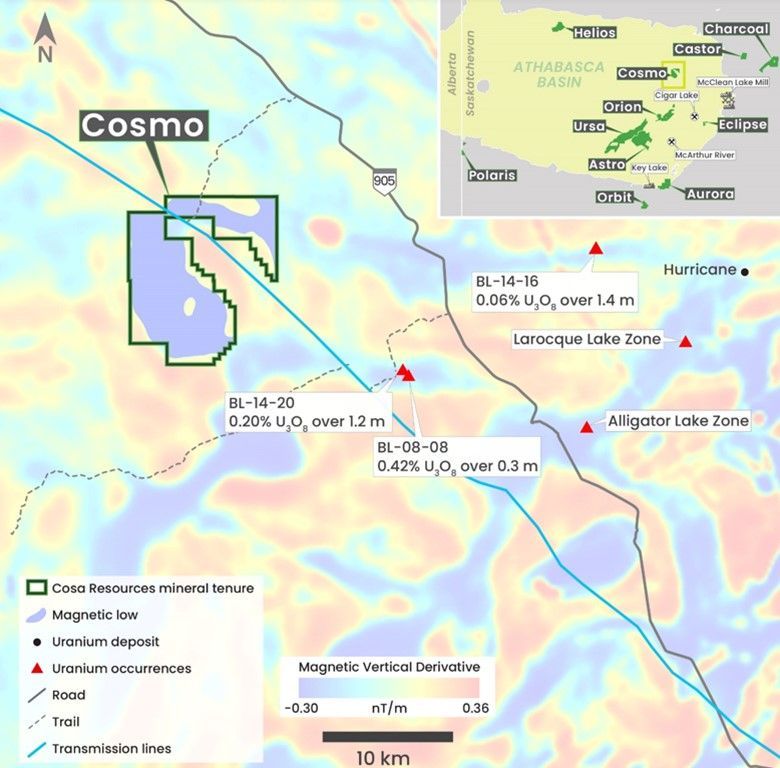 Cosmo area magnetic map showing tenure and roads for Cosa Resources Canadian uranium exploration in Saskatchewan.