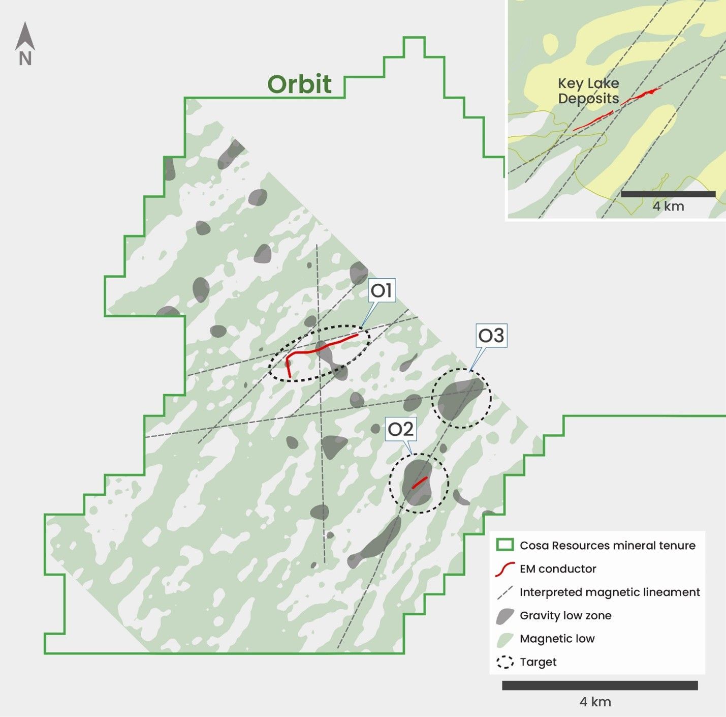 Orbit area map showing EM conductors and Cosa Resources claims for Canadian uranium mining in Saskatchewan.