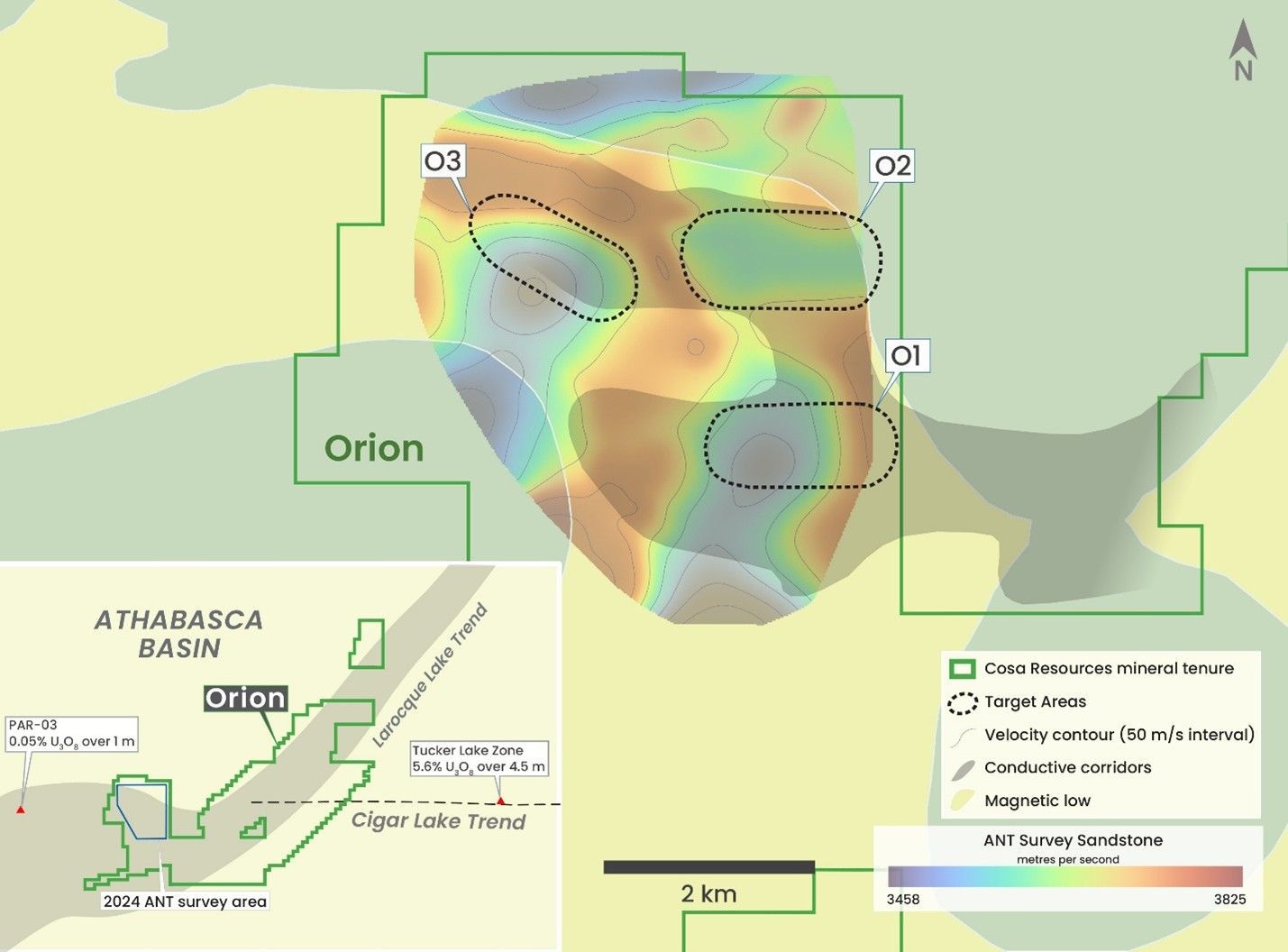 ANT survey map of Orion project for Cosa Resources Canadian uranium exploration in Saskatchewan.