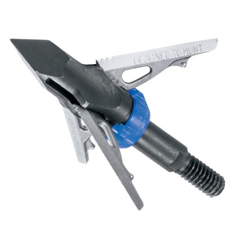Silver-and-black arrow broadhead with blue collar and black threaded shaft on white background