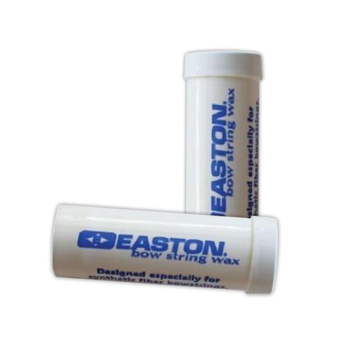 Two Easton bow string wax tubes, one upright and one lying down, on a white background