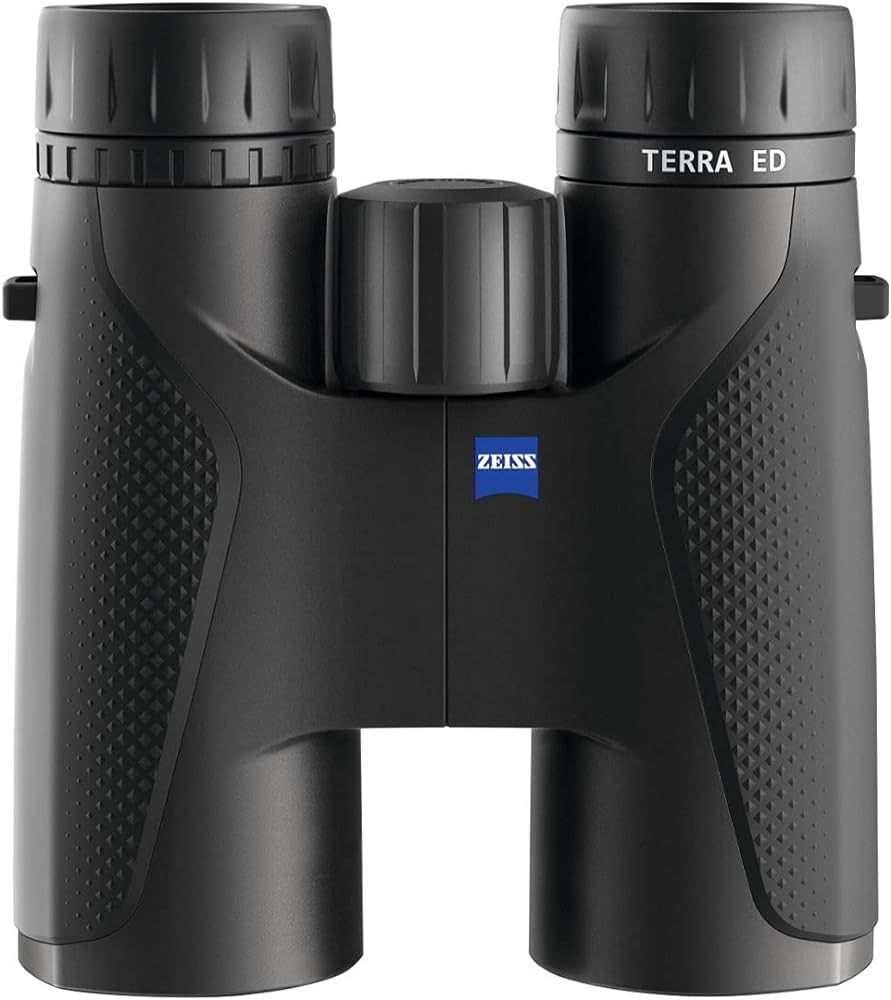 Black ZEISS Terra ED binoculars with textured grips and silver accents on a white background