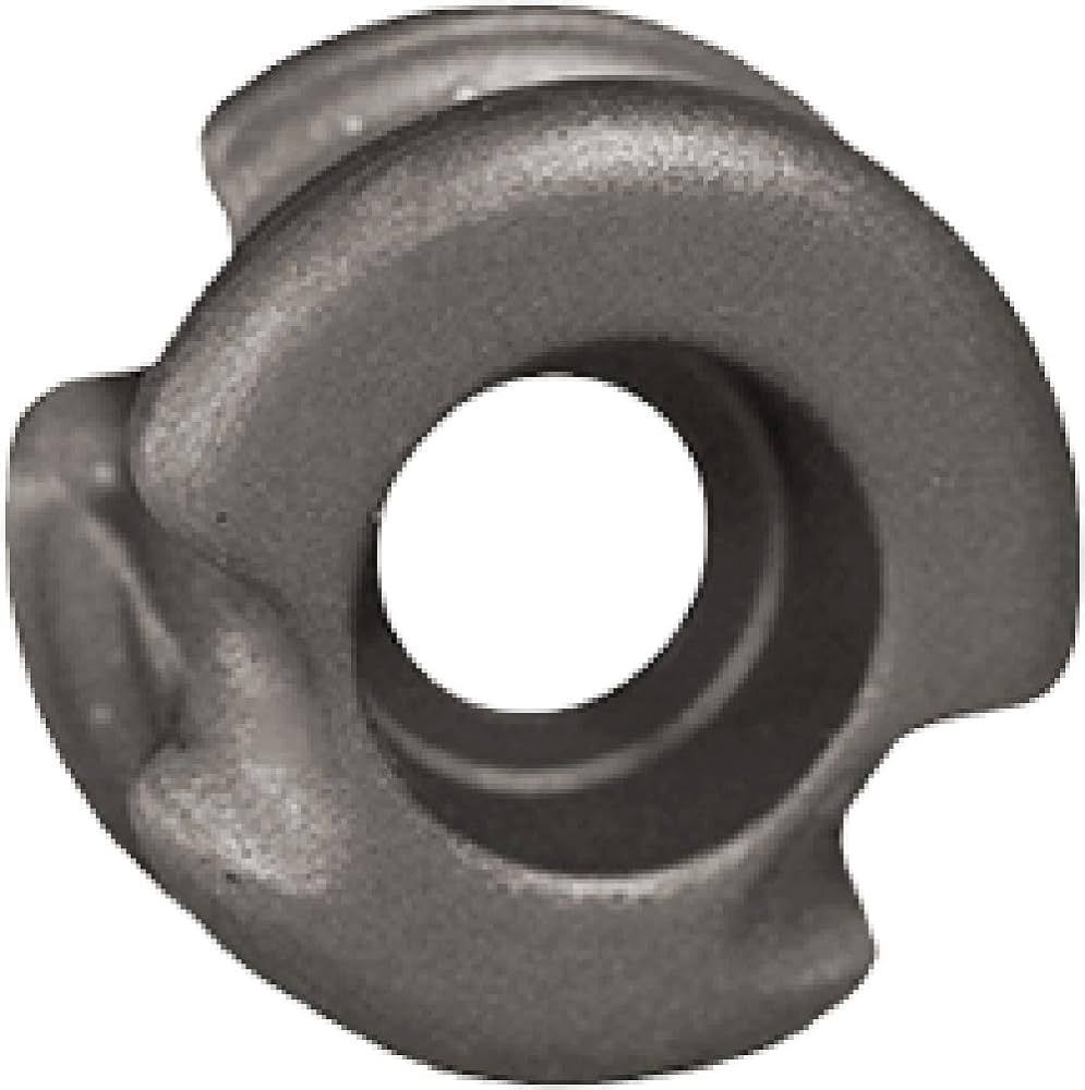 Gray metal washer with a central hole and two raised tabs