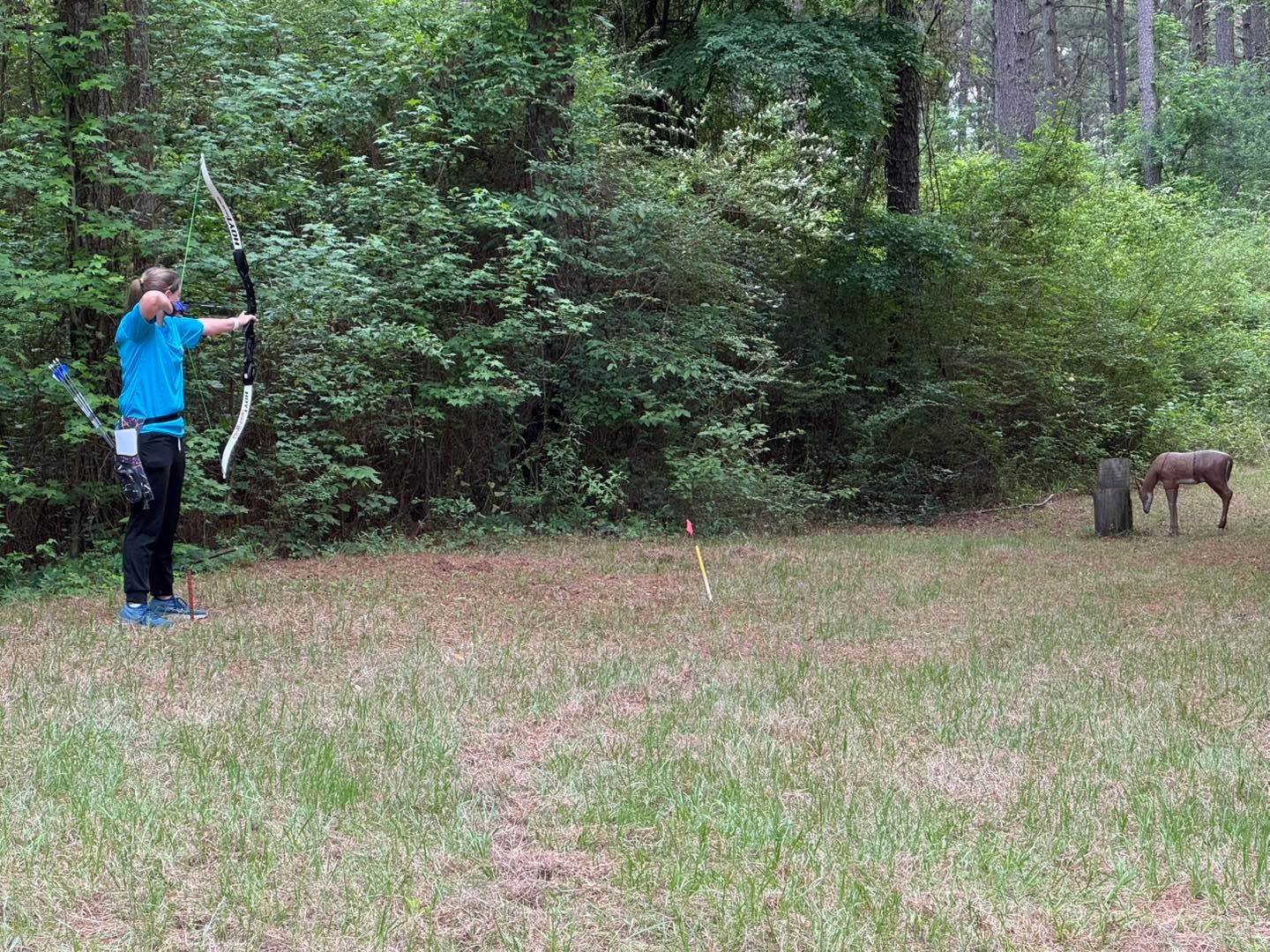 Person in blue aims a bow in a grassy wooded area while a deer stands nearby.