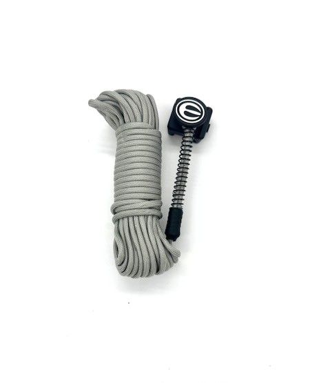 Coiled gray rope with a black spring-loaded metal clip attached