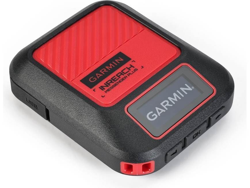 Red and black Garmin GPS device with a red button on the front.