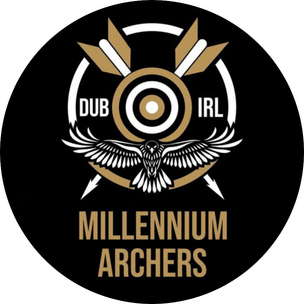 Millennium Archers logo with wings, target, and “DUB IRL” on a black background