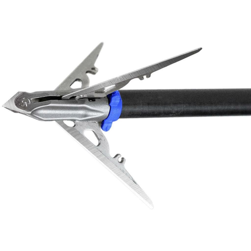 Broadhead arrow with three sharp blades and black shaft on white background