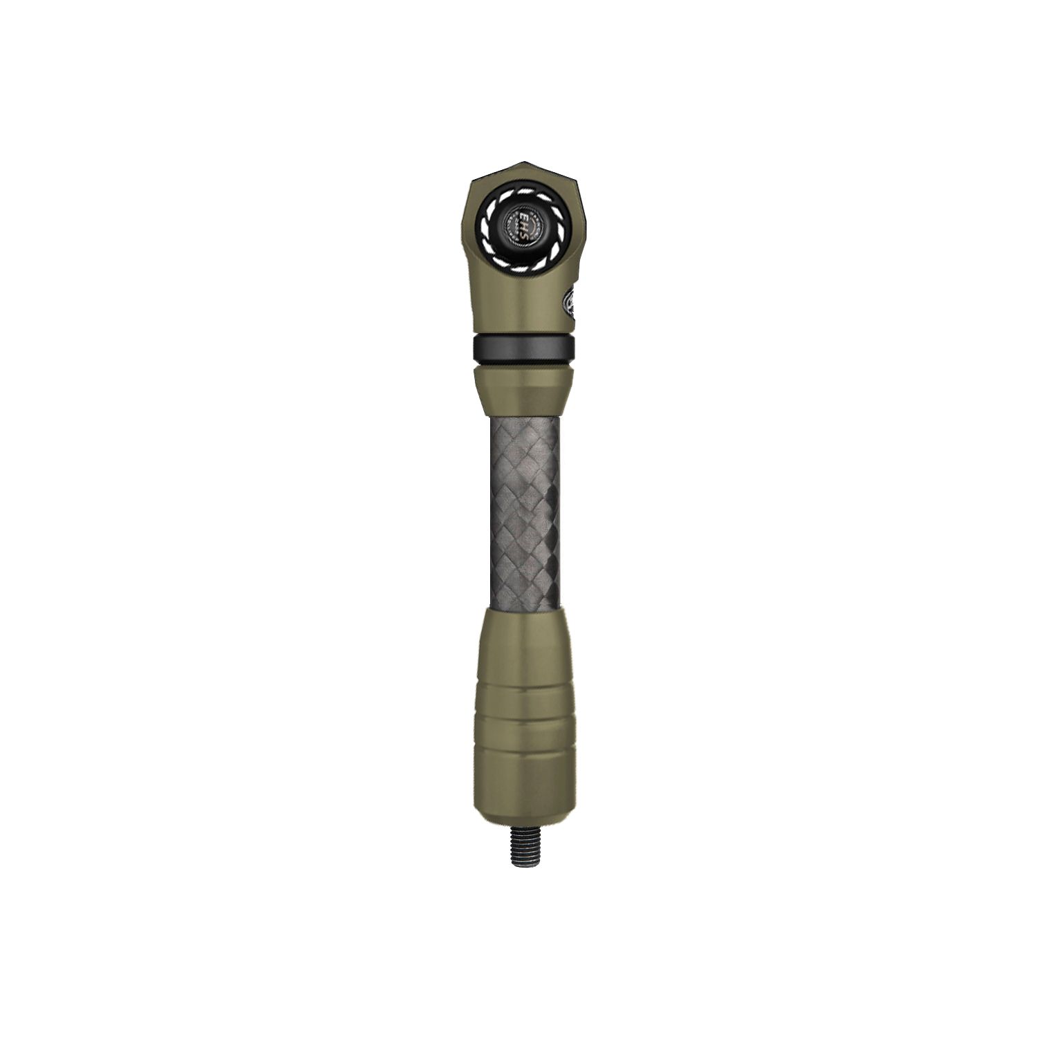 Olive-green ratchet handle with black head and textured gray grip on white background