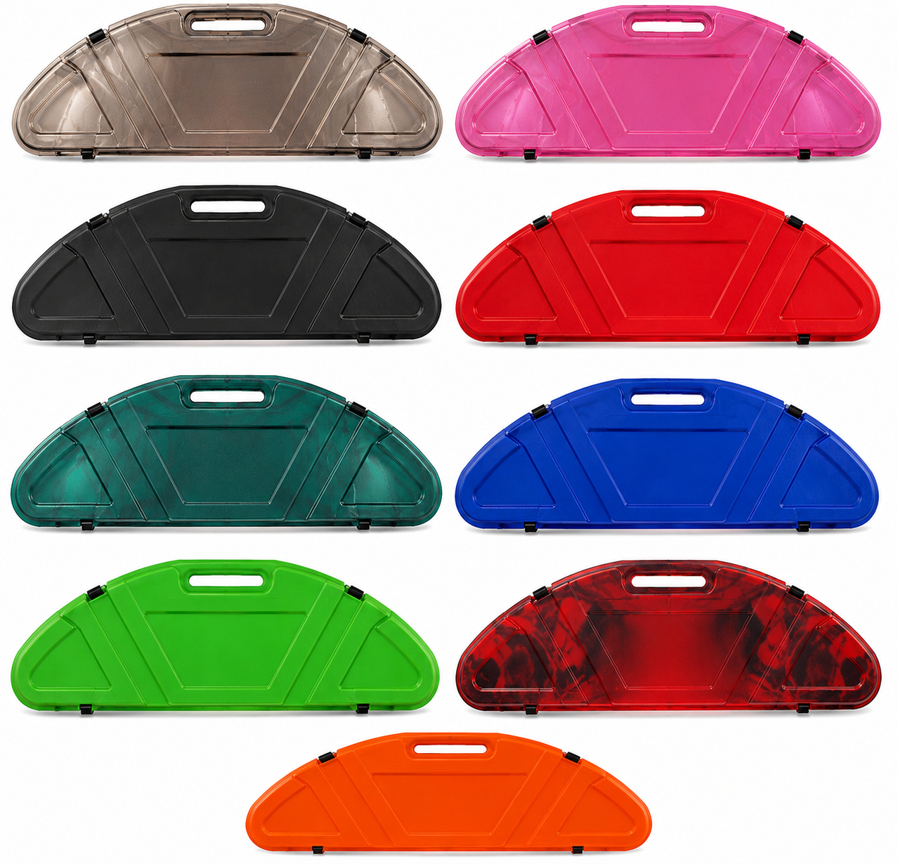 Eight colorful hard-shell carrying cases arranged in rows on a white background.