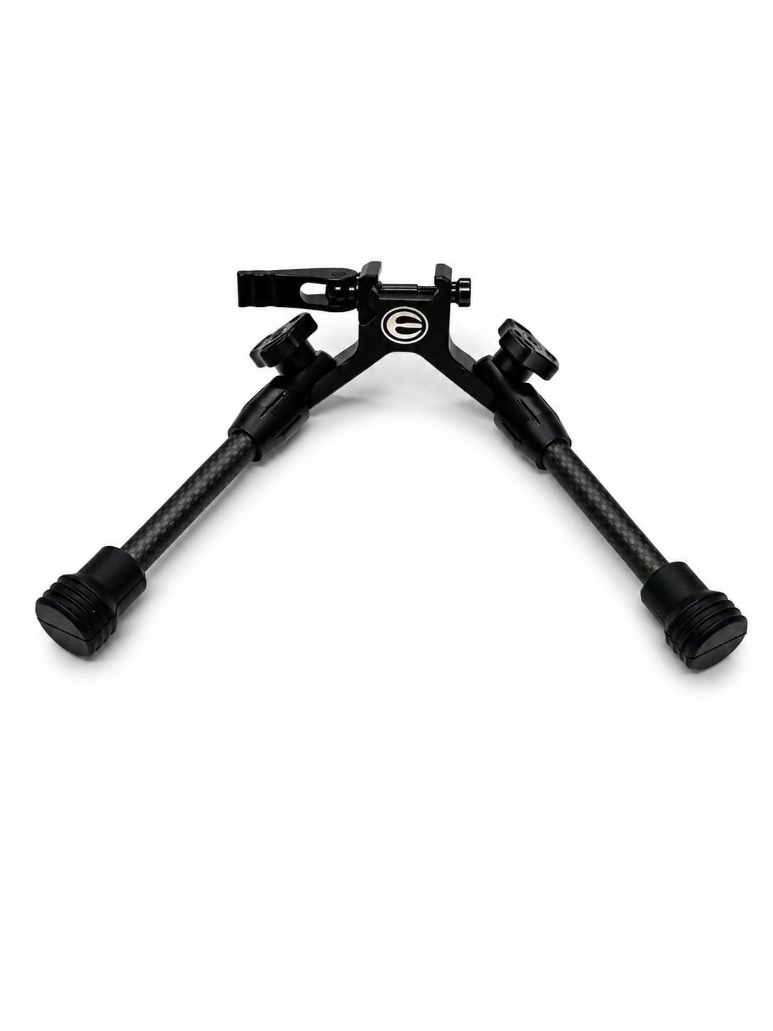 Black tactical bipod with foldable legs on a white background