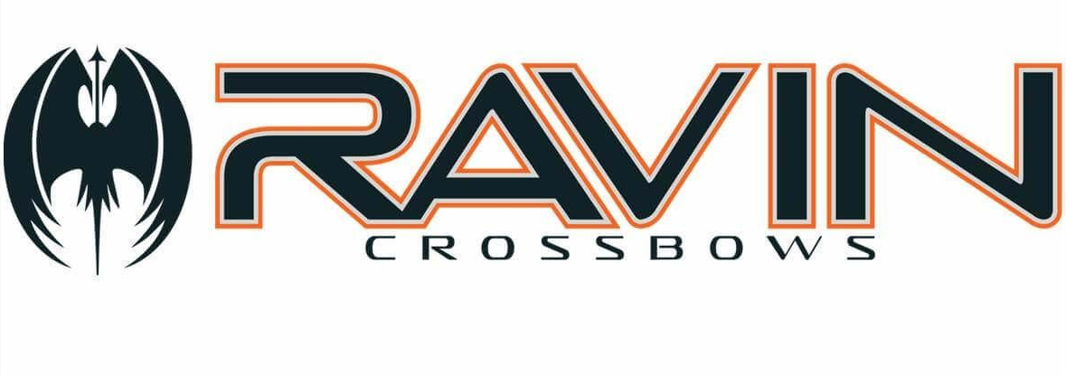Ravin Crossbows logo with black winged emblem and orange outlined text on a white background