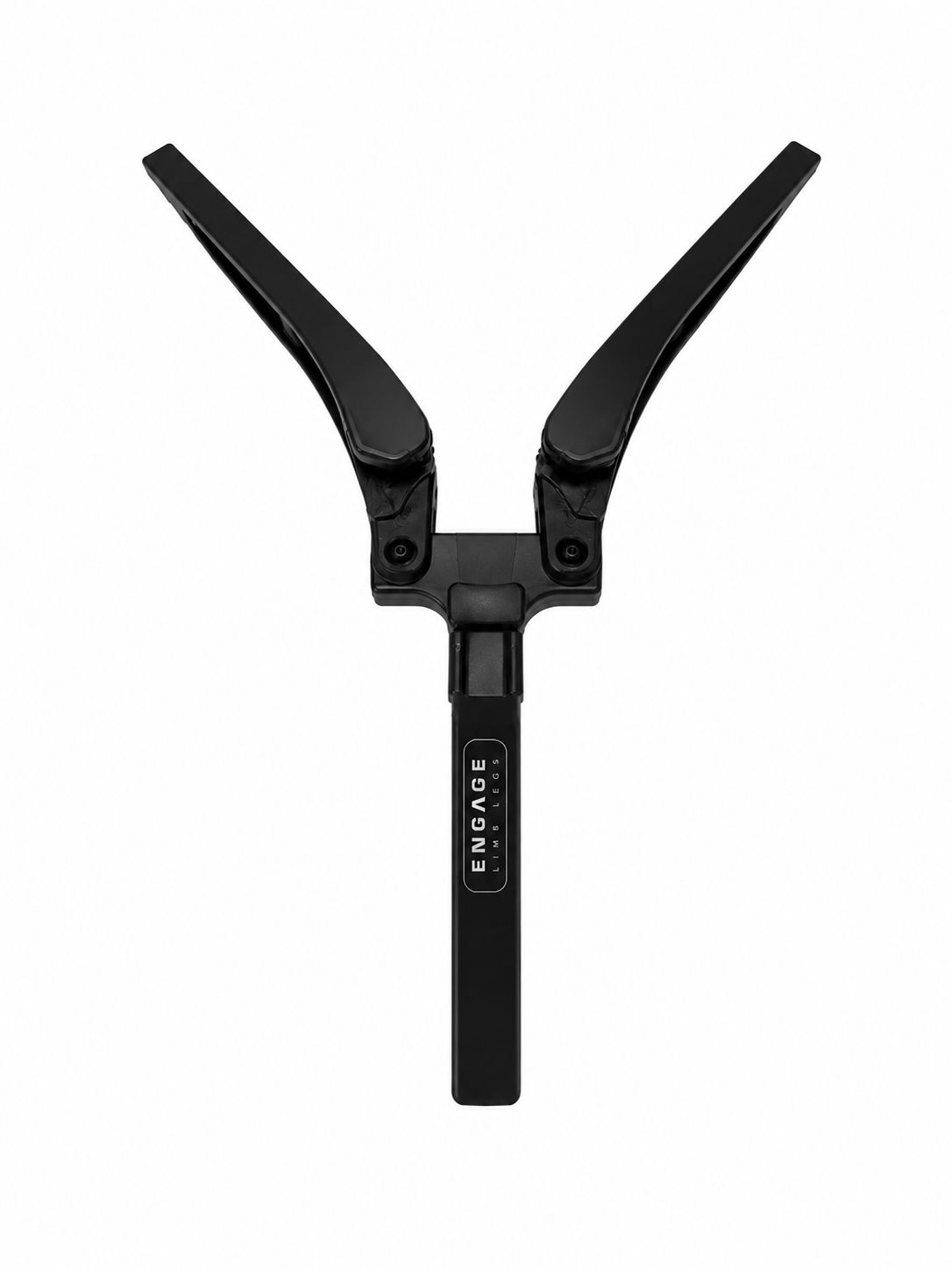Black adjustable clamp tool with two angled arms and a central handle on a white background