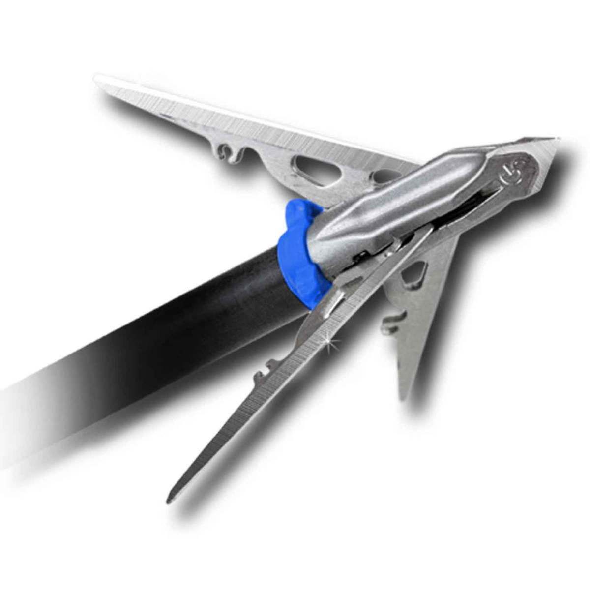 Silver spring clamp gripping a black cable with a blue band