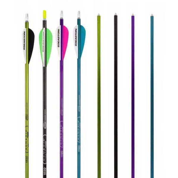 Eight colorful arrows standing upright in a row against a white background.