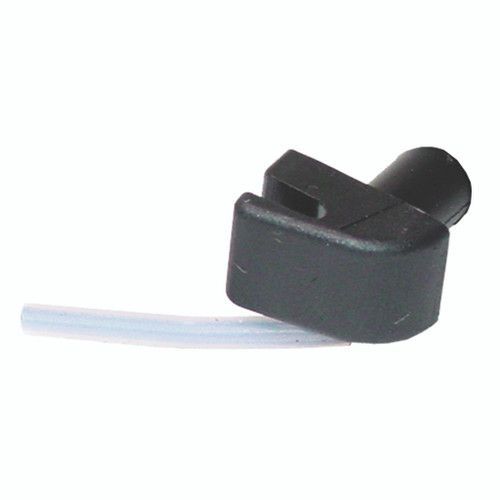 Black plastic clip with a white cable attached on a plain white background