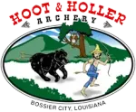 Hoot & Holler Archery logo with a black bull and an archer in a green woodland scene, Bossier City, Louisiana