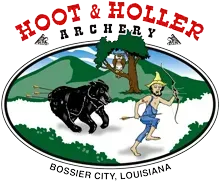 Hoot & Holler Archery logo with a black bull and an archer in a green woodland scene, Bossier City, Louisiana