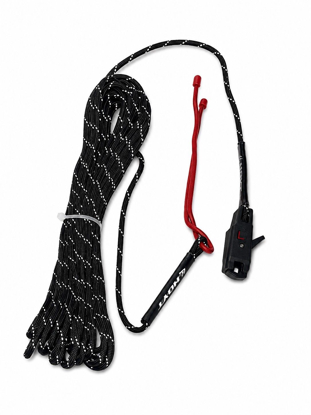 Black climbing rope with red prusik loop and black carabiner on white background
