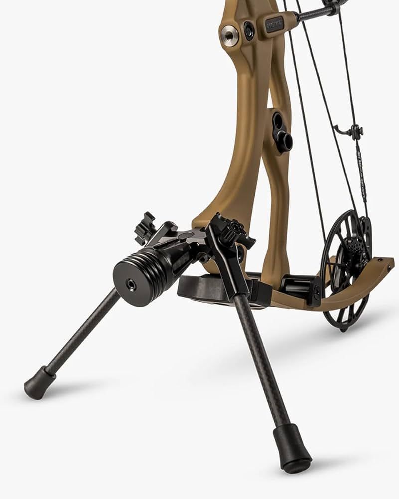 Compound bow with black stabilizers and bipod-style legs on a white background