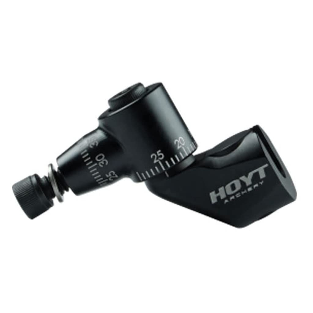 Black Hoyt bow sight accessory with adjustment markings on a white background