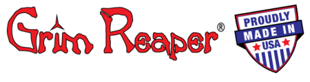 Grim Reaper logo in red with a “Proudly Made in USA” shield badge on a white background