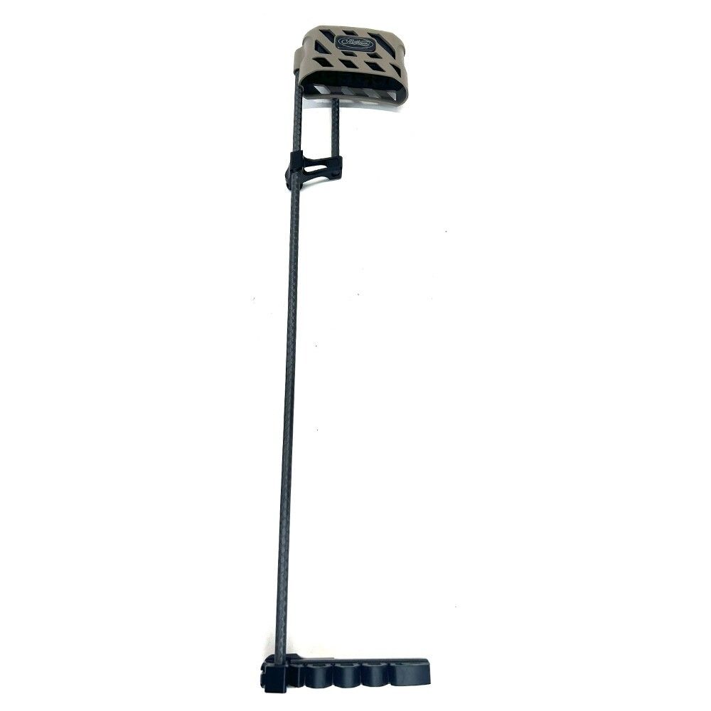 Black adjustable stand with a small perforated rectangular top and base on a white background