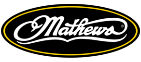 Mathews logo in white script on a black oval with yellow outline