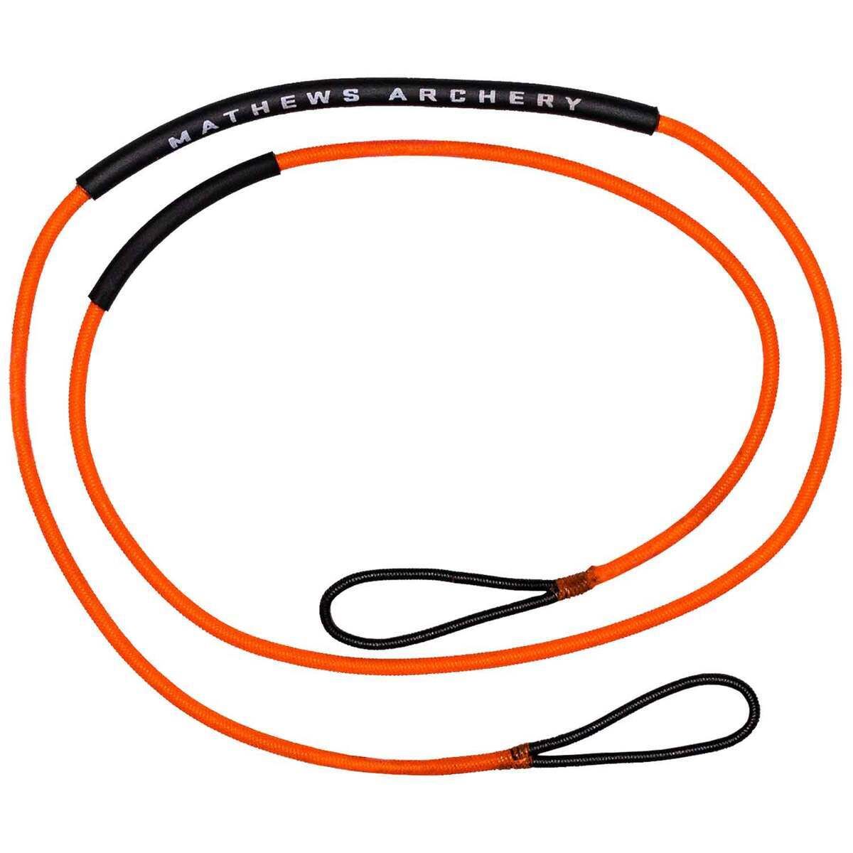 Orange and black archery bowstring on white background with loops at both ends