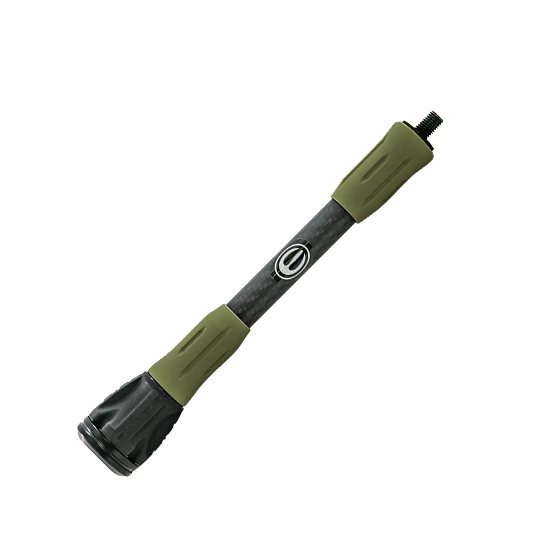 Black and olive-green handheld flashlight or baton with a textured grip on a white background