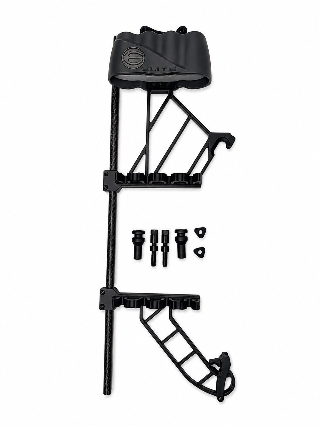 Black compound bow riser, limbs, cams, and hardware laid out on a white background